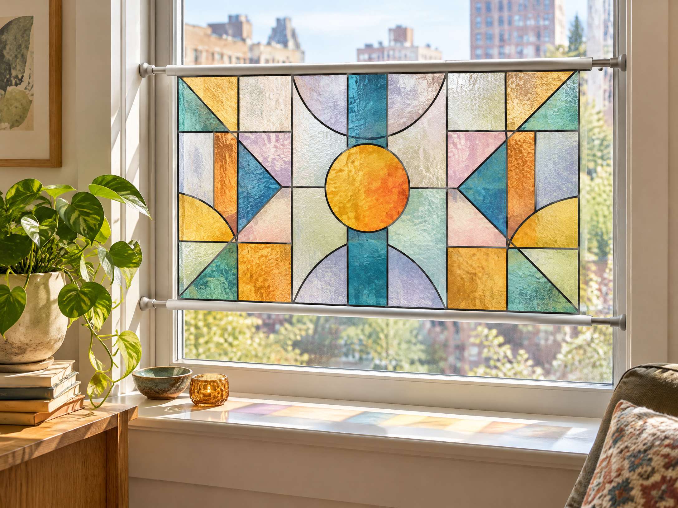 Make a Tension-Held Faux Stained-Glass Privacy Panel